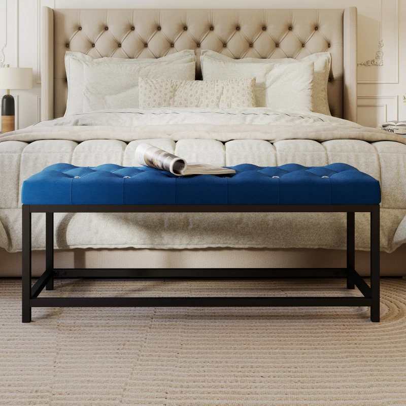 HOMCOM Banco Pie de Cama Tapizado en Terciopelo Diseño Capitoné Base de Metal para Dormitorio Entrada Salón Azul Oscuro