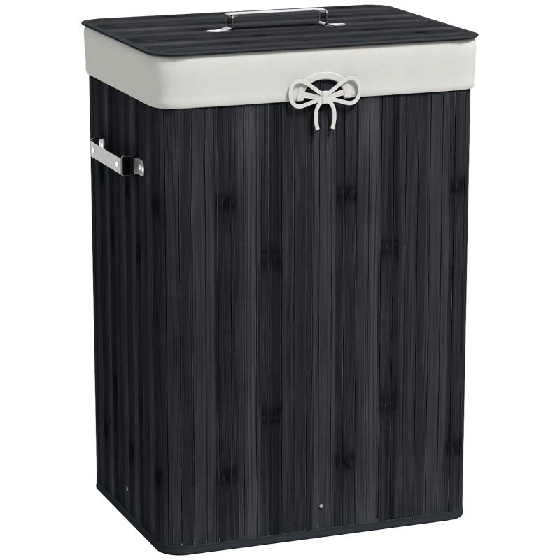 HOMCOM Wäschekorb, Wäschebox, Wäschesammler mit Deckel, Segeltuchsack, Bambus, faltbar, 72L, Schwarz 40 x 30 x 60 cm