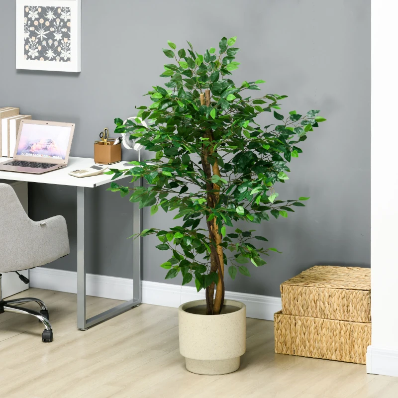 HOMCOM Conjunto de 2 Ficus Artificiais com Troncos Naturais 150 cm Plantas Artificiais com Vaso e 882 Folhas Verde