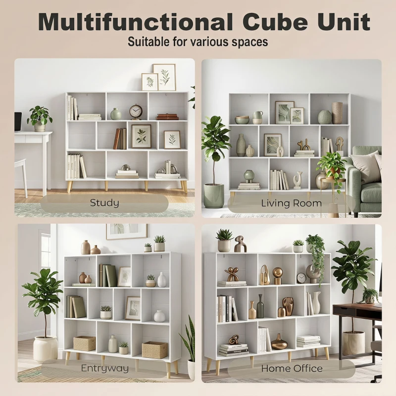 HOMCOM 10-Cube Bookcase, 3-Tier Book Shelf with Solid Wood Legs, 140 cm Modern Bookshelf with Anti-Tip Kit for Bedroom, White