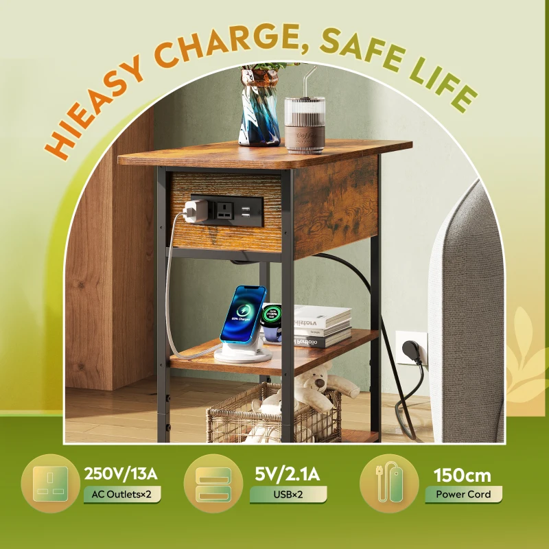 WLIVE Side Table with Charging Station, 3-Tier End Table with Drawer and Flip Top, Comes with USB Ports and Outlets, 60x30x62cm for Living Room and Bedroom, Rustic Brown
