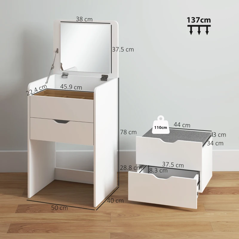 HOMCOM Măsuță de Toaletă cu Oglindă Rabatabilă și Scaun, Compactă, Alb