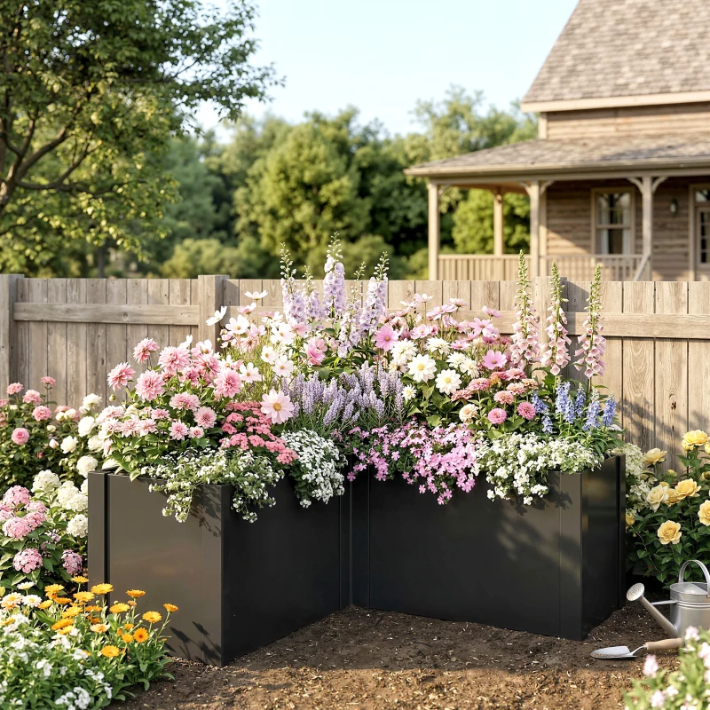 Outsunny L-vormig verhoogd bed, weerbestendig plantenbak van verzinkt staal 150 x 150 x 55 cm zwart