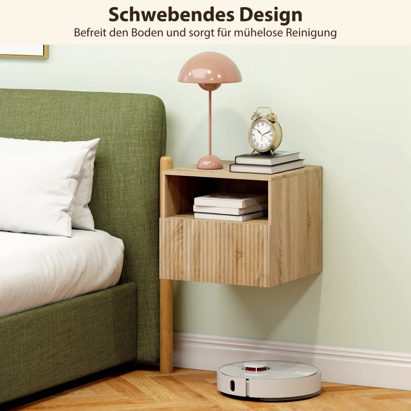 HOMCOM Nachttisch, griffloses Design, offenes Fach, Schublade, Wandmontage, Hellbraun