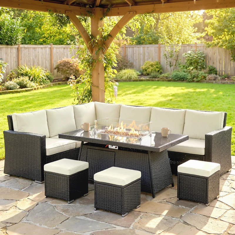 Outsunny 7 Pieces PE Rattan Garden Furniture Set, 50,000 BTU Gas Fire Pit Table, Double Corner Sofa and 3 Footstools
