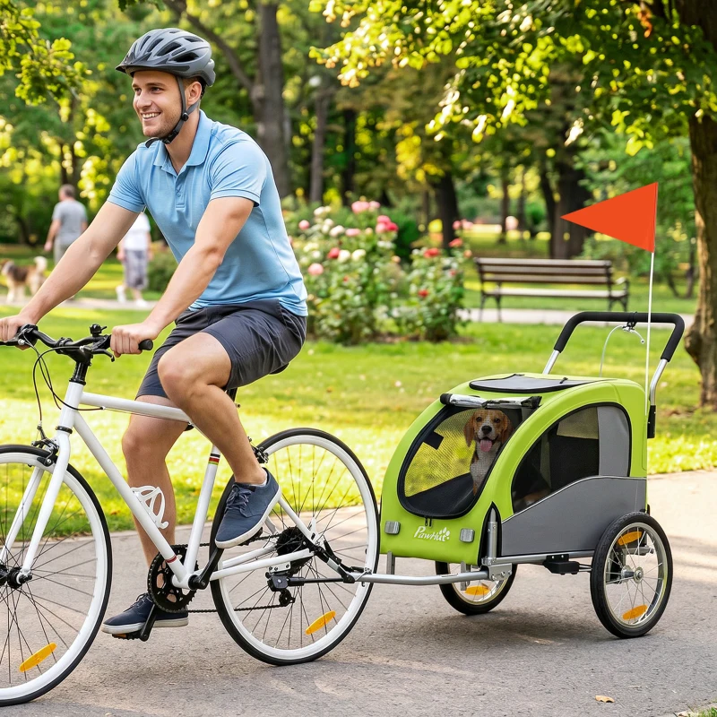 PawHut Remolque de Bicicleta Perros 2 en 1 Carrito Perros Medianos Plegable con Suspensión Neumáticos Grandes Ventanas Verde
