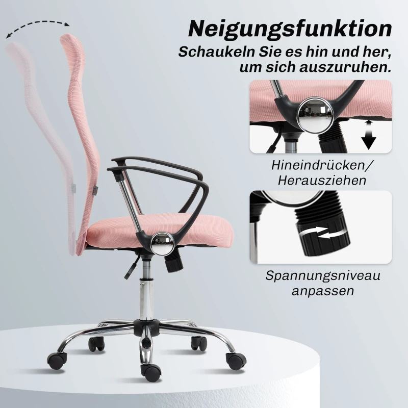 HOMCOM Ergonomischer Bürostuhl Höhenverstellbarer Drehstuhl mit Wippfunktion, Netzbespannung, 63 x 65 x 109-119 cm Rosa