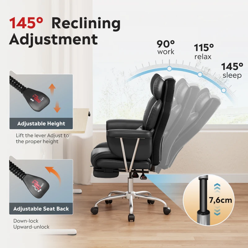 DEVAISE Ergonomic Executive Office Chair, PU Leather Chair with Telescopic Footrest and Height Adjustment, Built-in Lumbar Support, 145° Reclining Backrest Design for Office Use, Black