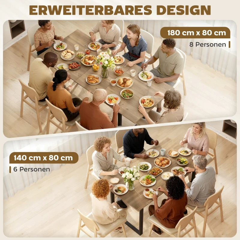 HOMCOM Ausziehbarer Esstisch für 6-8 Personen, 140-180 cm, rechteckiger Küchentisch mit Stahlbasis, Naturholz+Schwarz