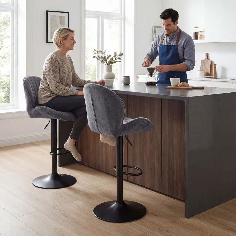 HOMCOM Lote de 2 Bancos de Bar, Altura Ajustável 62-83cm, Giratórias 360°, Assento Estofado, Encosto e Apoio para Pés, Cinza