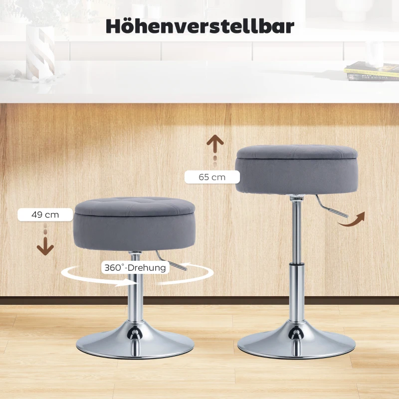 HOMCOM Barhocker, Bistrohocker mit Stauraum, Drehbar Barstuhl, Höhenverstellbar Küchenhocker mit Samtbezug, 39x39x65 cm, Grau