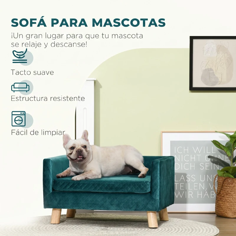 PawHut Sofá para Perros Pequeños 64x45x36 cm Tapizado en Terciopelo con Cojín Lavable y Patas de Madera de Abedul Azul Verdoso