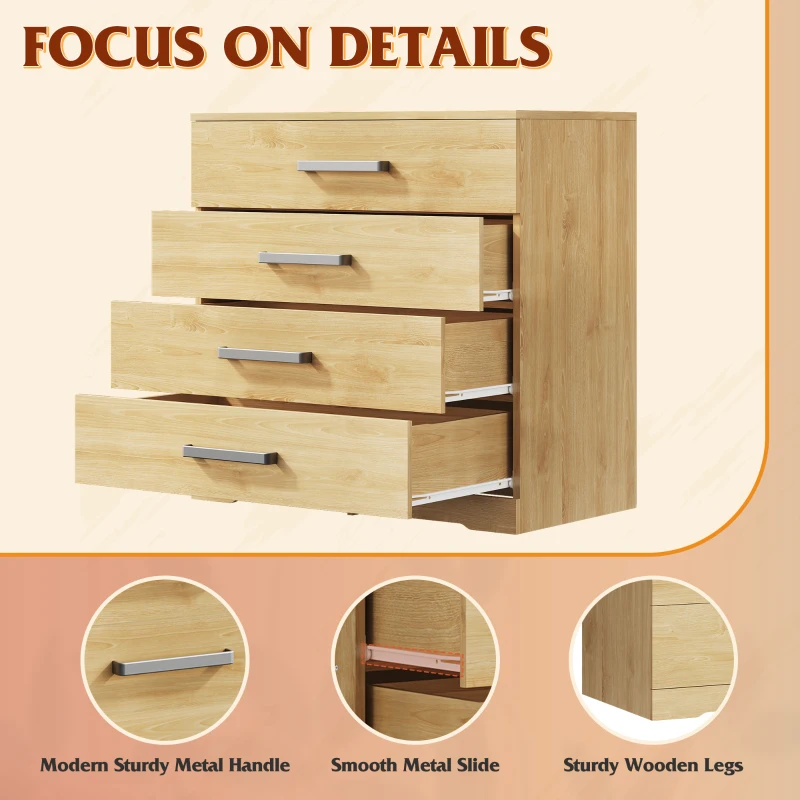 WLIVE Chest of Drawers with 4 Drawers, Metal Handles and Runners, Modern Storage Drawers for Bedroom, Kids Room, Closet, Oak