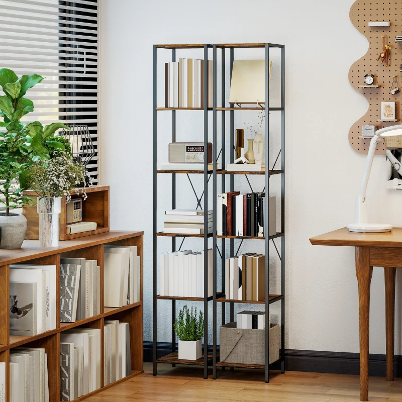 HOMCOM 2er-Set 6-Ebenen-Bücherregal, Stahlrahmen, für Wohnzimmer, Büro, Schlafzimmer, Rustikal-Braun