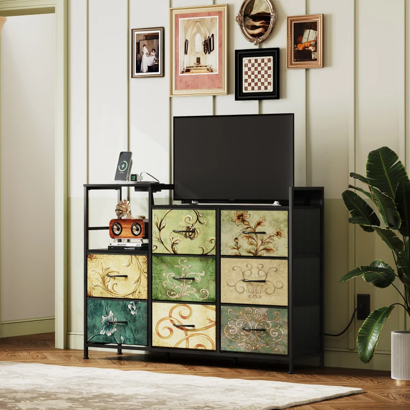 WLIVE Chest of Drawers with Charging Station, 8 Fabric Storage Drawers with Metal Frame and Wooden Top, TV Media Console Table Open Storage Shelves for Bedroom, Living Room, Hallway, Retro
