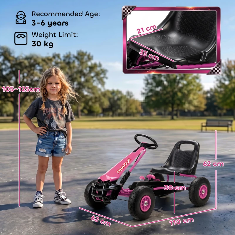 AIYAPLAY Kids Pedal Go Kart with Adjustable Seat, EVA Tyres, Manual Clutch, Brake, Go Kart for Kids 3-8 Years, Pink