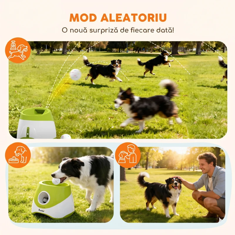 PawHut Lansator Automat de Mingi pentru Câini de Talie Mică și Medie, cu 3 Mingi, 3 Distanțe Reglabile, Verde