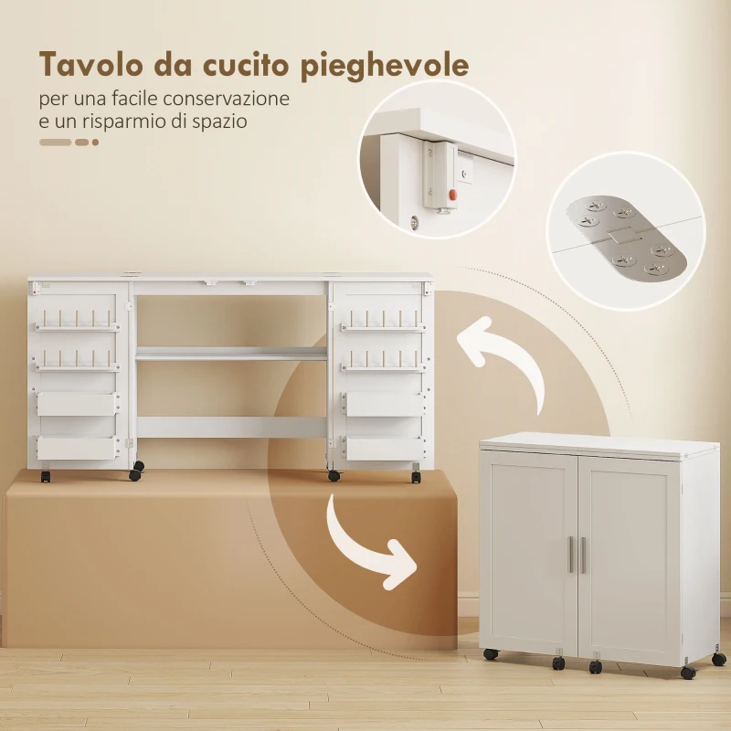 HOMCOM Tavolo da Cucito Pieghevole per Macchina da Cucire con Ripiani, 20 Pioli, Ruote con Blocco, Bianco