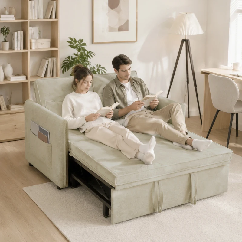 HOMCOM Canapea extensibilă 2 locuri, Canapea-pat 3 în 1 din chenille 125 cm cu spătar reglabil, șezut lat, 2 perne, Crem