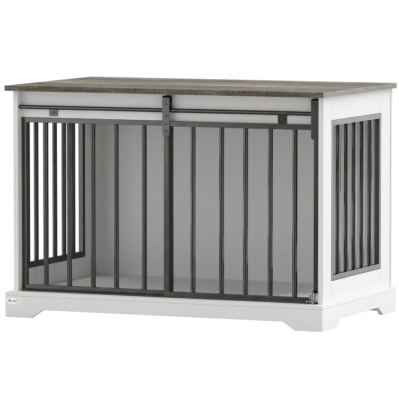 PawHut 100 cm Large Dog Crate Furniture with Sliding Barn Door for Large Dogs, White