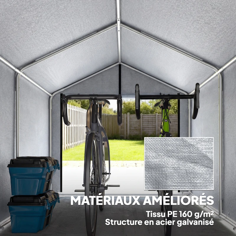 Outsunny Abri de jardin tente de stockage imperméable abri moto porte enroulable, pour vélo moto 162 x 221,5 x 163 cm, gris clair