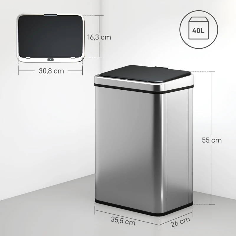 HOMCOM Sensor Mülleimer 40L Edelstahl Automatischer Mülleimer mit Soft-Close-Deckel Bewegungssensor 35,5 x 26 x 55 cm Silber