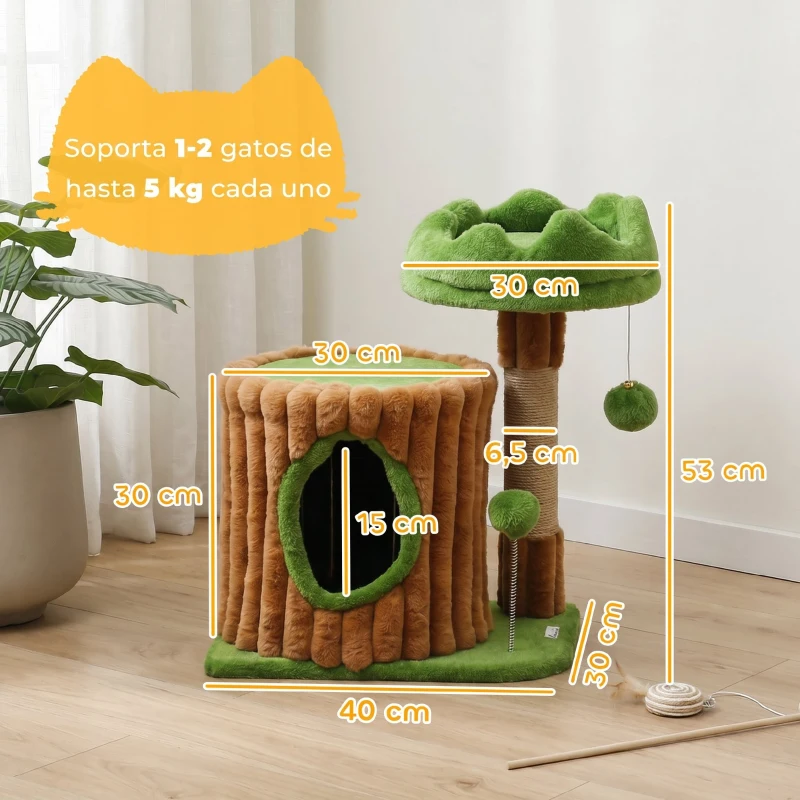 PawHut Árbol Rascador para Gatos 53 cm Diseño de Tronco con Casita Cama Poste de Yute Bolas Marrón y Verde