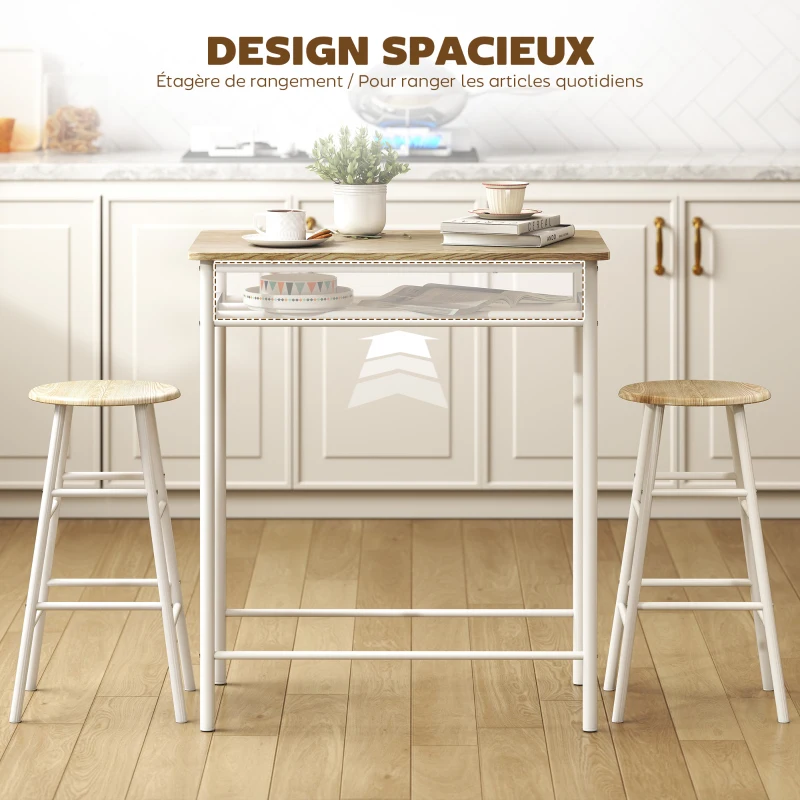 HOMCOM Ensemble table de bar avec tabourets, table à manger debout avec 2 chaises, étagère et pieds en métal, 80x50x90cm, blanc