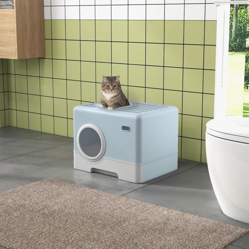 PawHut Arenero para Gatos Cubierto con Pala Bandeja Extraíble Entrada Frontal y Salida Superior 52x41x38,5 cm Azul