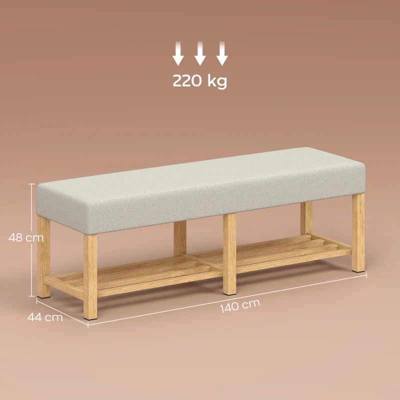 HOMCOM 140 cm Schuhbank aus Massivholz, moderne Flurbank mit gepolsterter Sitzfläche für zwei Personen, Naturholz und Cremeweiß