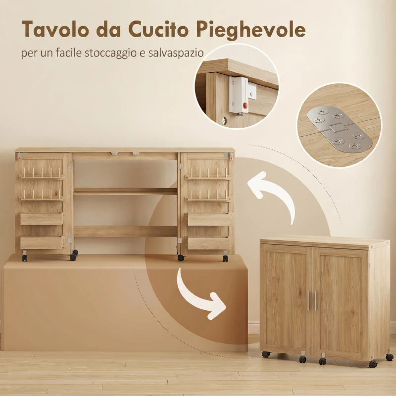 HOMCOM Tavolo Cucito Pieghevole con Ruote, 4 Contenitori, 20 Perni, Ripiano, Quercia