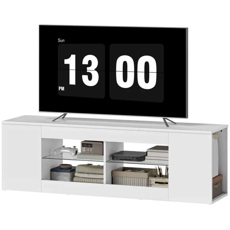 HOMCOM 140 cm TV-Ständer, Fernseh-Kommode, 6 Fächer, 2 Glasregale, Spanplatte, Weiß
