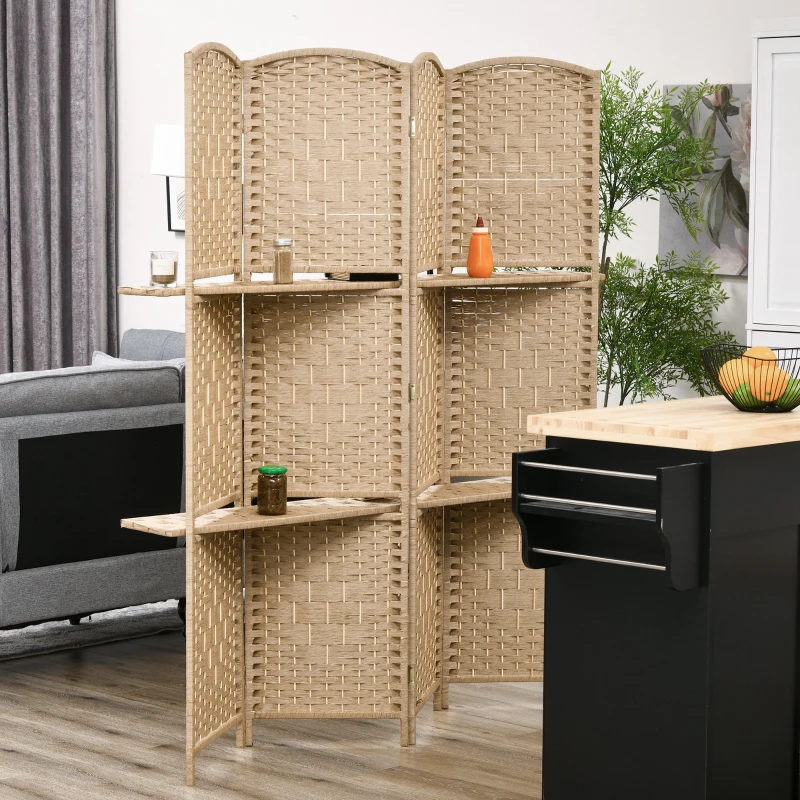 HOMCOM 4-teiliger Paravent, 160 x 170 cm, faltbare Trennwand mit 2 Regalen, Naturholz