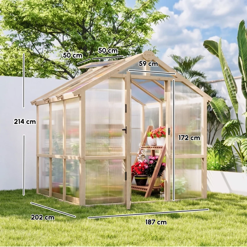 Outsunny 6.6 x 6ft Polycarbonate Greenhouse, Walk-in Wooden Greenhouse with Lockable Door and Window, Garden Plants Grow House, Brown