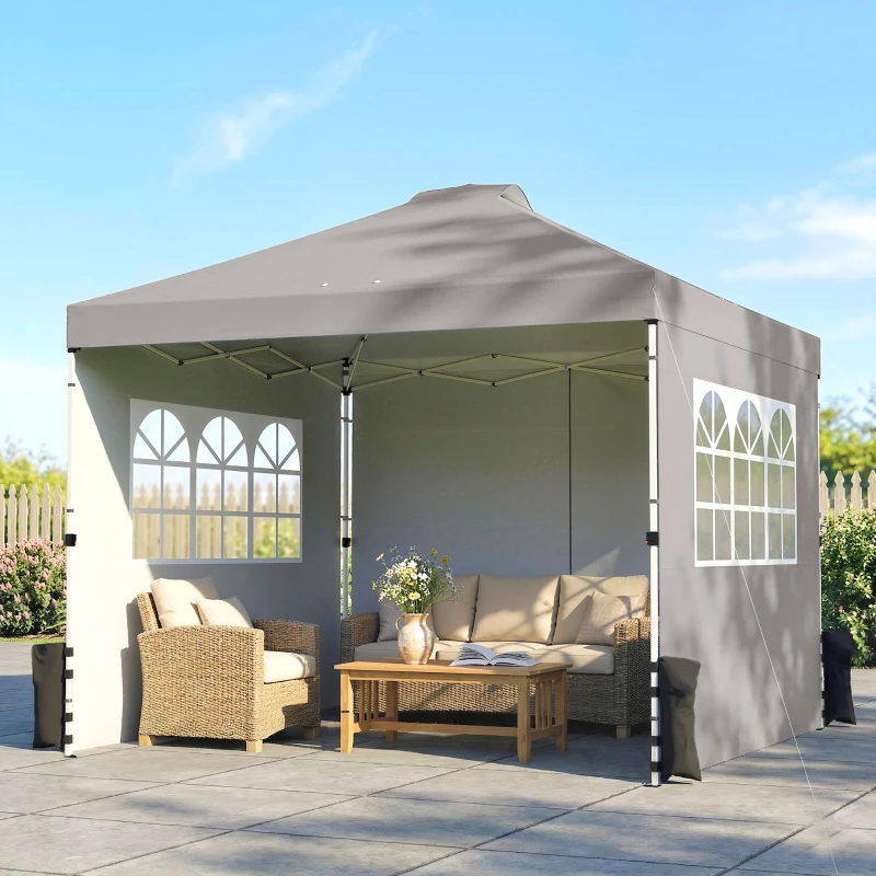 Outsunny Pop Up Gazebo Waterproof Height Adjustable Canopy with 3 Sidewalls Wheeled Bag for Parties 3 x 3 m Grey