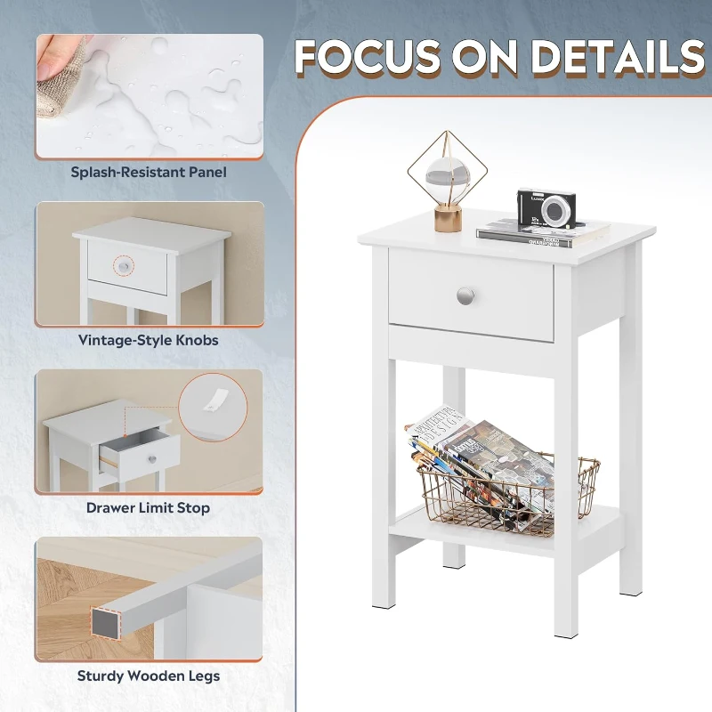 WLIVE Wooden Bedside Table, Nightstand with Shelf Drawer, Wooden Side Sofa Tables, for Small Spaces, End Tables for Living Room, Bedroom (2, White)