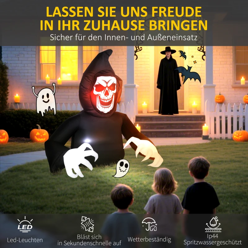 Outsunny Aufblasbare Halloween-Dekoration, Sensenmann, LED-Leuchten, Gebläse, Kabel