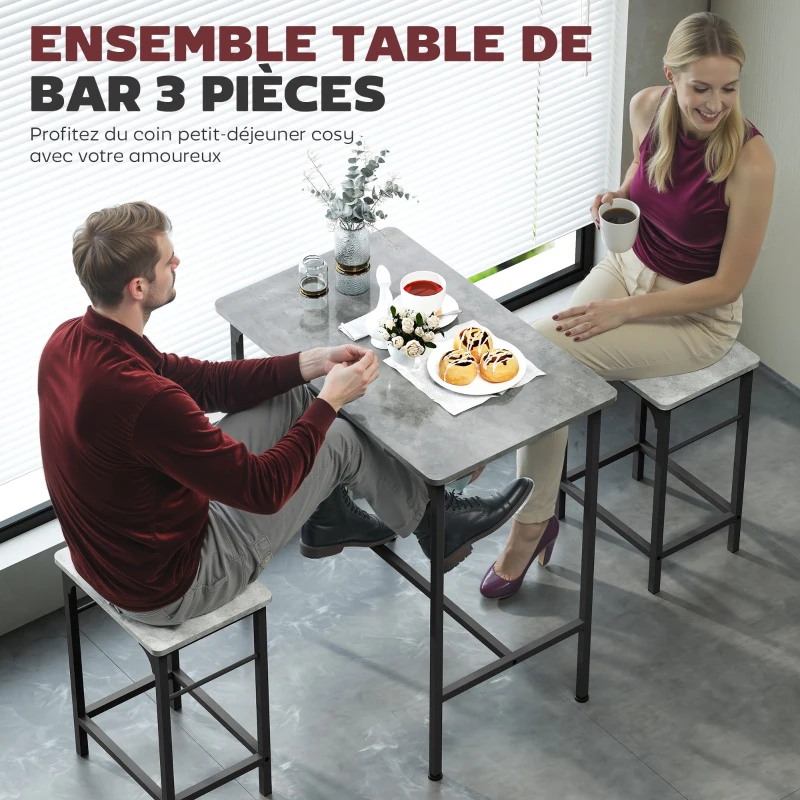 HOMCOM Ensemble table de bar avec 2 tabourets, cadre en acier pour cuisine, salle à manger et salon, gris