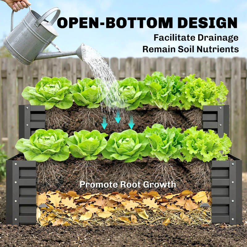 Outsunny 2 Tier Raised Garden Bed, Galvanised Planter Box with Open Bottom for Vegetables Flowers Herbs, 120x101x58cm, Dark Grey