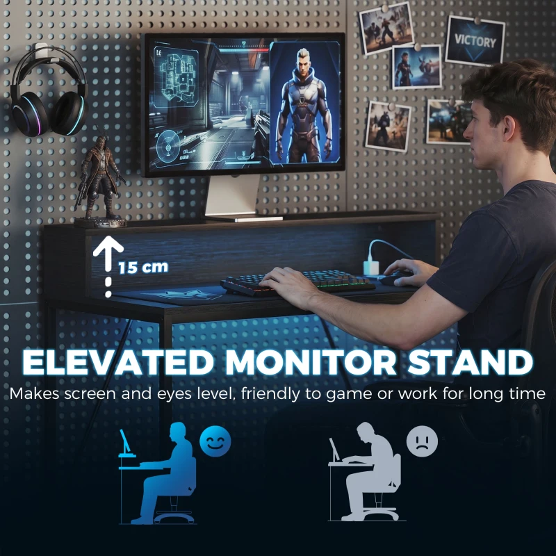 HOMCOM Gaming Desk, 100cm Computer Desk with LED Lights, Power Outlets, Monitor Stand and Remote, Black Wood-Effect