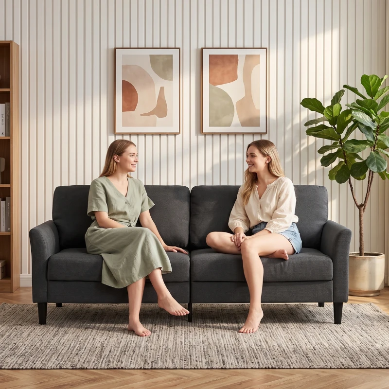 HOMCOM 3-Sitzer-Sofa aus Stoff in Leinenoptik mit geschwungenen Armlehnen und dicker Polsterung, Dunkelgrau