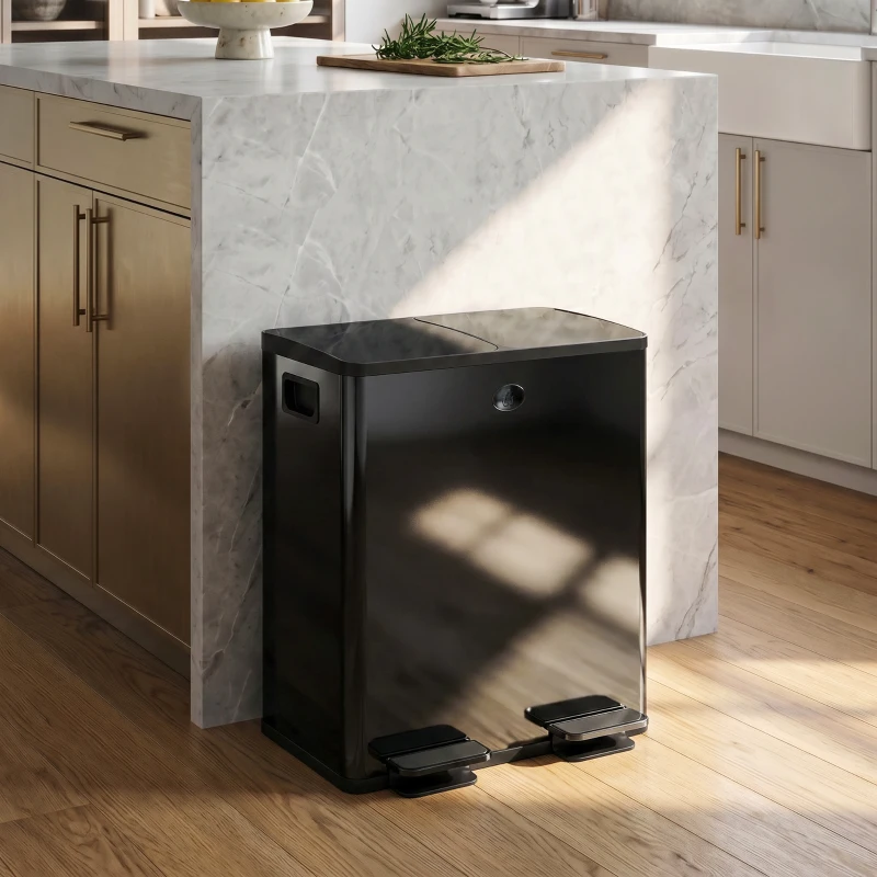 HOMCOM 2 x 20 L Doppelmülleimer, Pedalöffnung, leicht zu reinigen, Edelstahl, Kunststoff, Schwarz