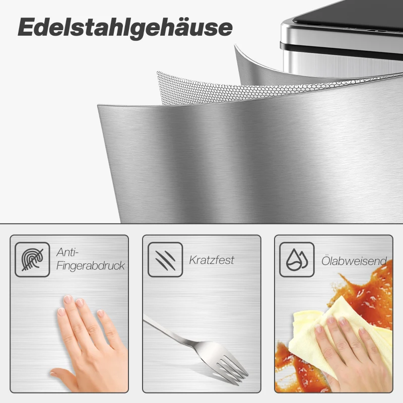 HOMCOM Sensor Mülleimer 40L Edelstahl Automatischer Mülleimer mit Soft-Close-Deckel Bewegungssensor 35,5 x 26 x 55 cm Silber