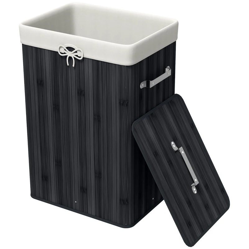 HOMCOM Wäschekorb, Wäschebox, Wäschesammler mit Deckel, Segeltuchsack, Bambus, faltbar, 72L, Schwarz 40 x 30 x 60 cm