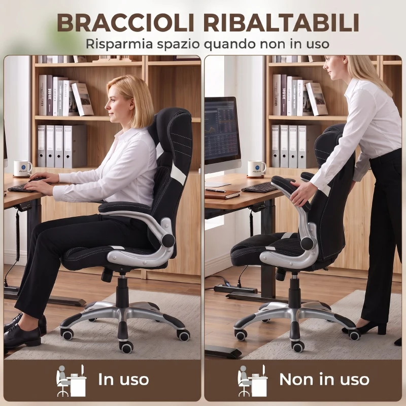 Vinsetto Sedia da Ufficio Ergonomica in Tessuto con Supporto Lombare e Altezza Regolabile, Nero