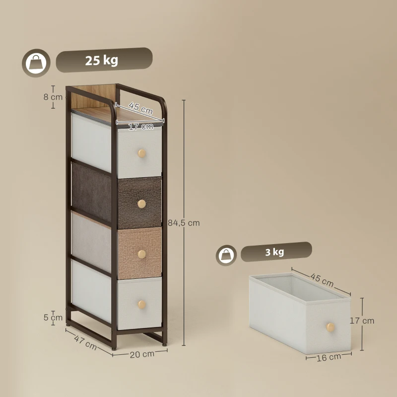HOMCOM Kommode Schrank mit 4 Schubladen aus Vliesstoff Aufbewahrungsschrank mit Stahlrahmen, 20 x 47 x 84,5 cm, Mehrfarbig