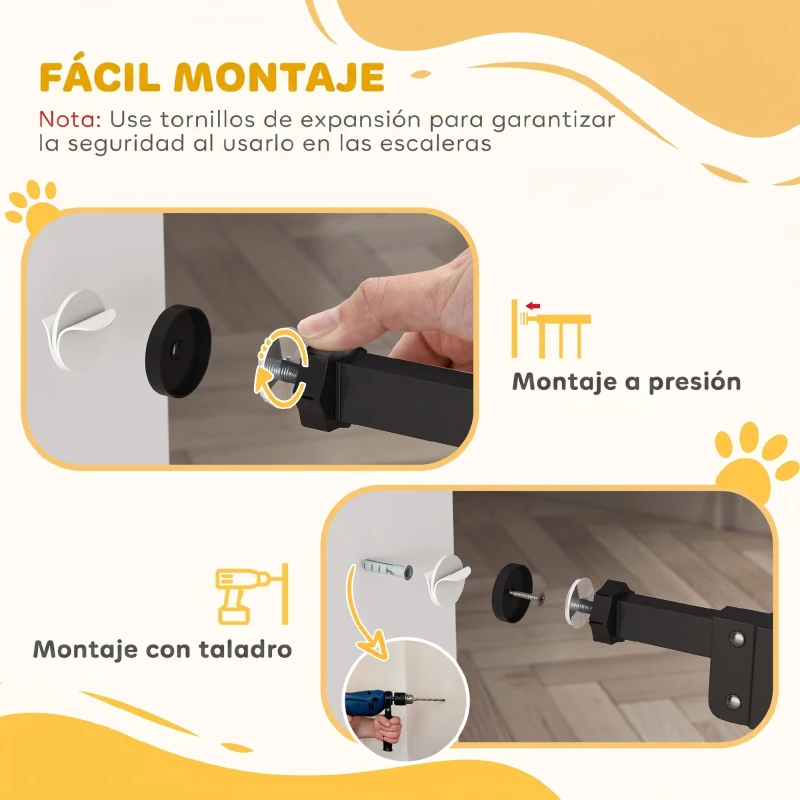PawHut Barrera de Seguridad para Perros 74-100 cm con Extensiones Montaje a Presión y Doble Bloqueo Negro