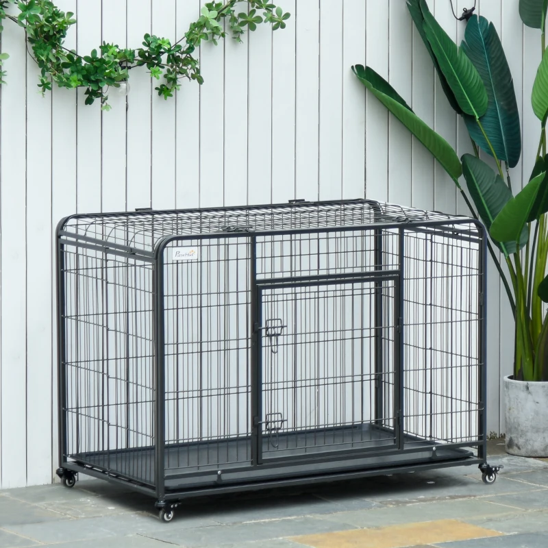 PawHut Kennel per Cani Pieghevole a Doppia Porta con Blocco, 4 Ruote con Freno e Fondo Rimovibile, 94x58x69.5 cm, Grigio