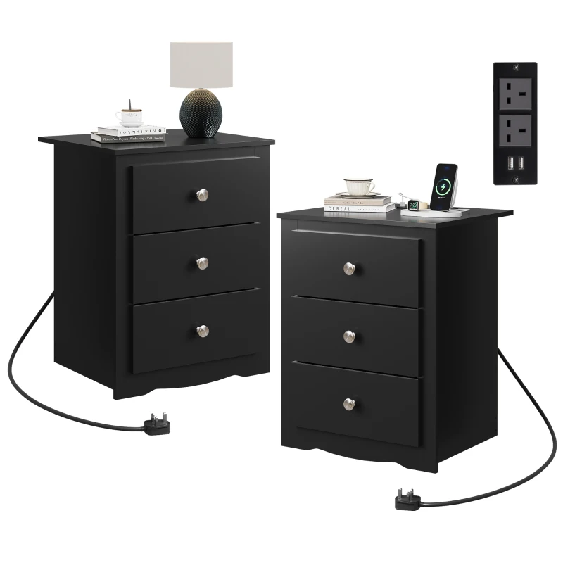 WLIVE 3-Drawer Wooden Bedside Table with Charging Station, USB Ports & Plug Sockets, Nightstand with Storage for Bedroom, Living Room, Office (2, Black)