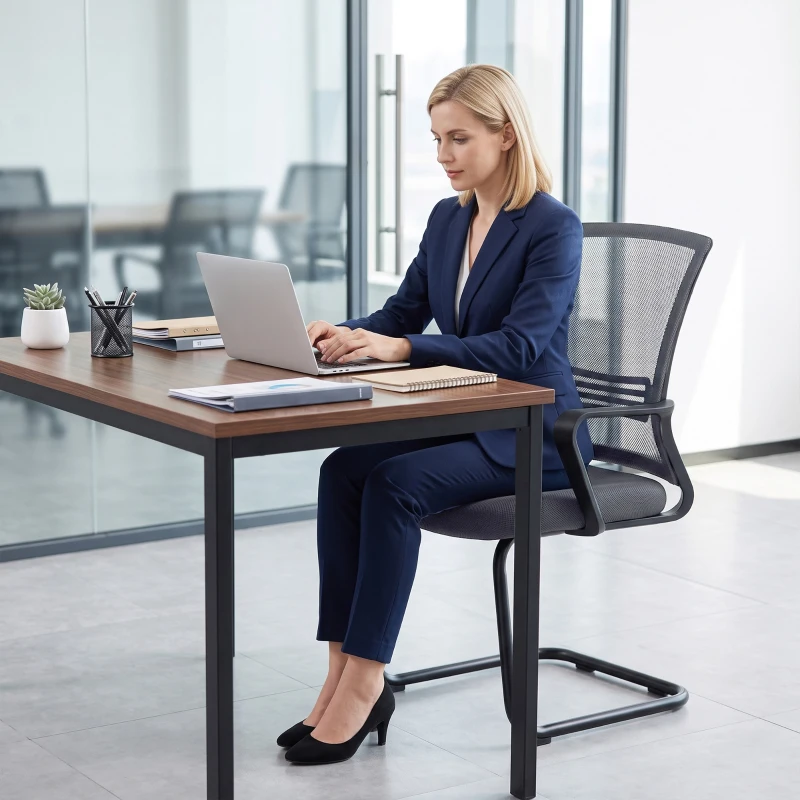 HOMCOM Padded Meeting Office Chair, Ergonomic Desk Chair No Wheels with Sled Base for Bedroom, Waiting, Reception, Dark Grey